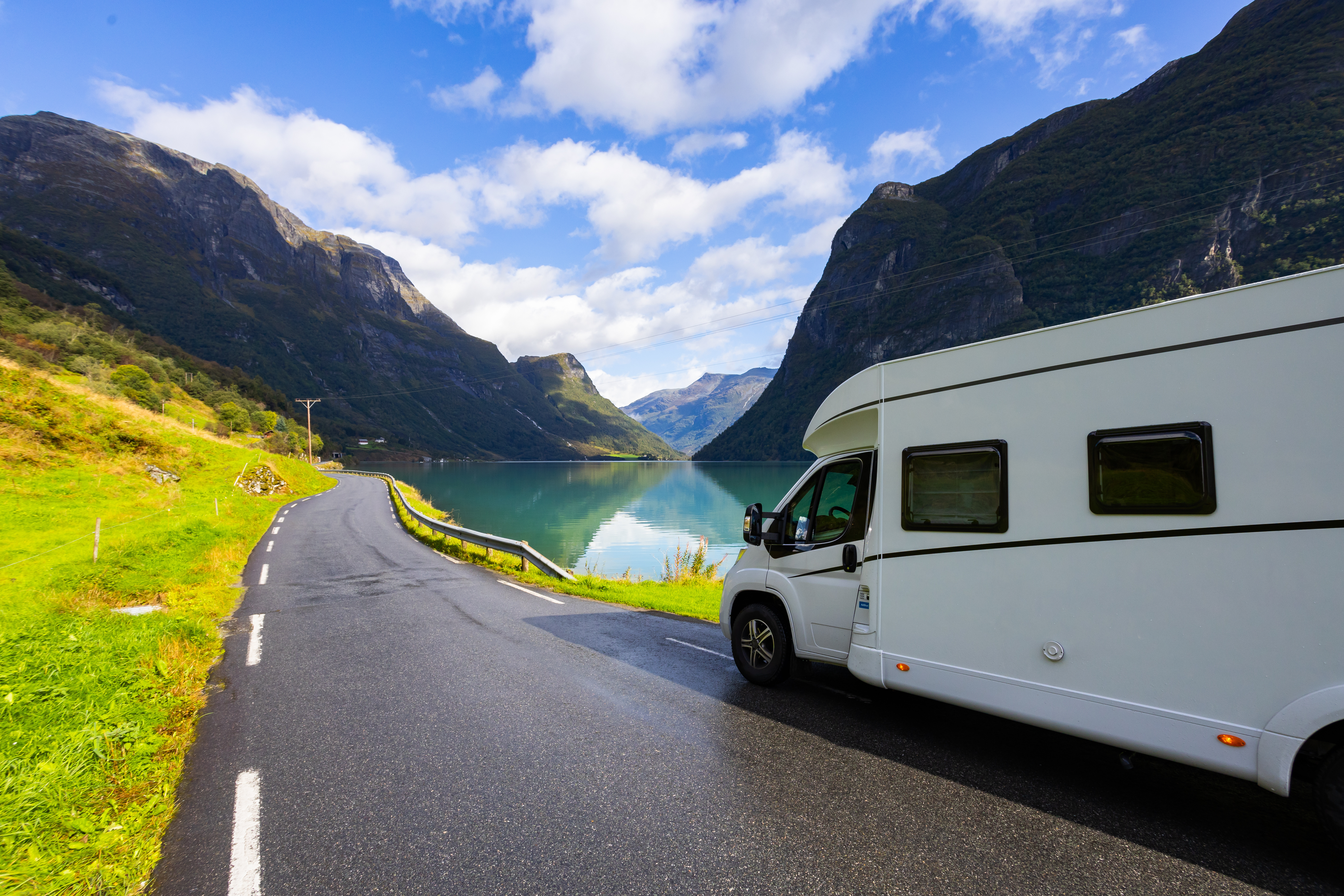 Motorhome camper in Briksdal glacier valley, south Norway, Europe.